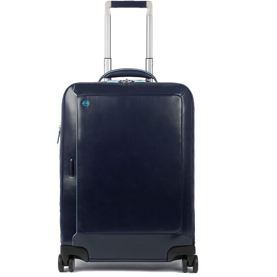 Piquadro Blauwe Vierkante 4-Wiel Leren Cabin Trolley 55 cm Laptopcompartiment