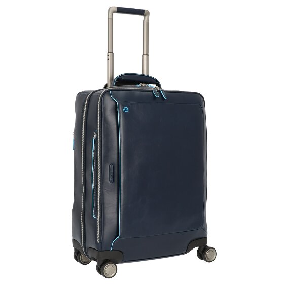 Piquadro Blauwe Vierkante 4-Wiel Leren Cabin Trolley 55 cm Laptopcompartiment