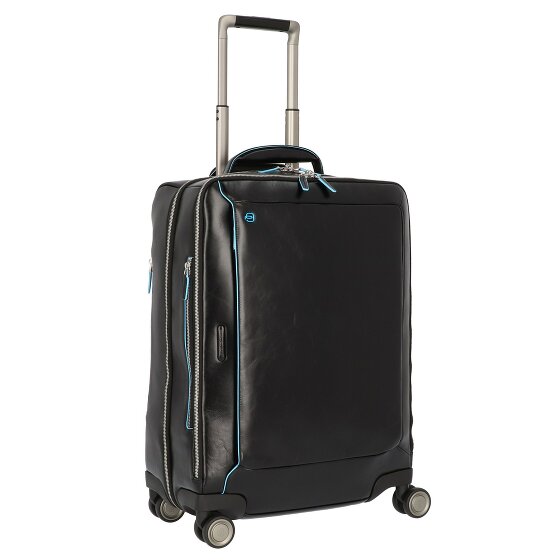 Piquadro Blauwe Vierkante 4-Wiel Leren Cabin Trolley 55 cm Laptopcompartiment