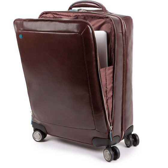 Piquadro Blauwe Vierkante 4-Wiel Leren Cabin Trolley 55 cm Laptopcompartiment
